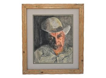 Portrait Of A Depressed Looking Man With Cowboy Hat Signed Worthlow?
