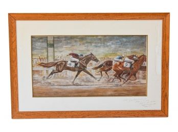 Signed (Illegible) Vintage  Painting Of 'Whirlaway Making His Bid At The Quarter Pole' At The Kentucky Derby