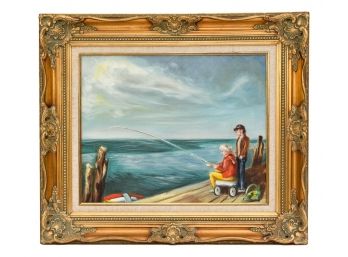 Unsigned Oil On Canvas Painting Of Mother And Daughter Fishing