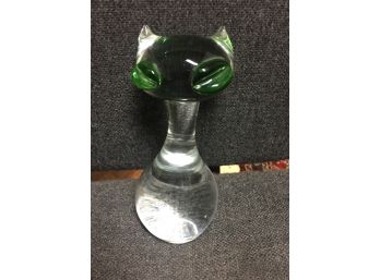 1950s/60s  Glass Cat With Green Glass Eyes Unsigned