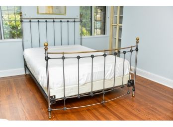 Vintage Brass And Steel Queen Size Bed Frame With Curved Footboard + Tempur-Pedic Mattress