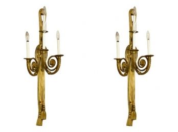 Pair Of Art Deco Impressive Brass Four Arm Wall Sconces