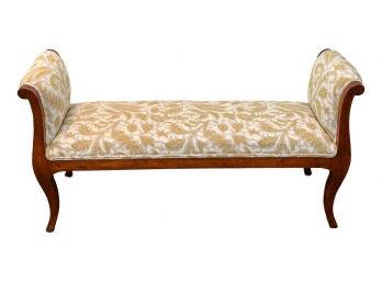 Printed Upholstered Rolled Arm Carved Wood Bench