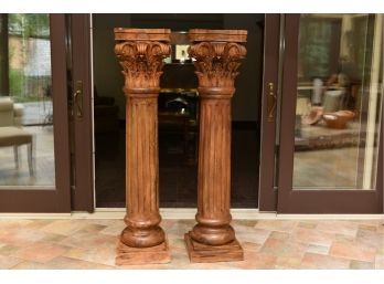 Pair Of Impressive Solid Carved Wood Pedestal Columns
