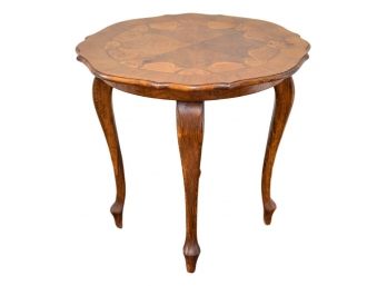 Vintage Scalloped Edge Wood Table With Marquetry Inlay