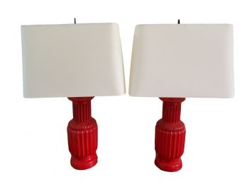 Set Of (2) Cherry Red Mid-Century Table Lamps