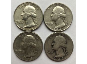 4 Washington Quarters Dated 1963 D, 1964 D, 1943, 1941