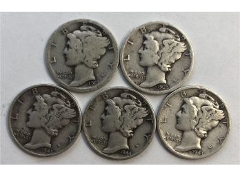 5 Mercury Dimes 1935 S, 1917, 1945, 1944, 1943 D