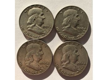 4 Franklin Half Dollars Dated 1962 S, 1959, 1963 D, 1960D