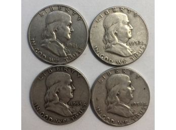 4 Franklin Half Dollars Dated 1951, 1952, 1953 D, 1954