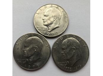 3 IKE Dollars Dated 1972, 1971 Bicentennial