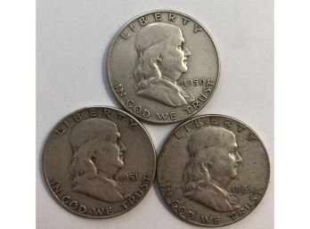 3 Franklin Half Dollars 1963 D, 1951 S, 1950