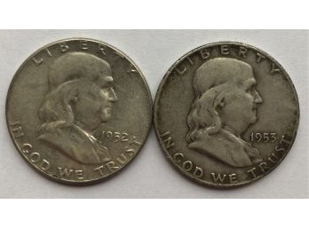 2 Franklin Half Dollars Dated 1952, 1953 D