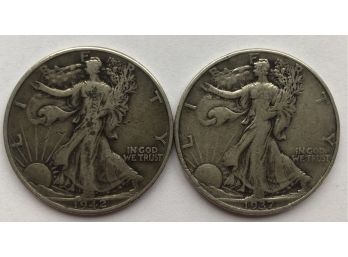 2 Walking Liberty Half Dollars Dated 1937, 1942