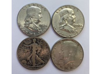 4 Half Dollars 1 1964 Kennedy, 1943 Walking Liberty, 2 Franklins 1958 And 1962