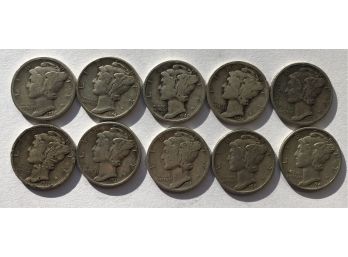 10 Mercury Dimes With Various Dates