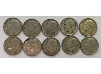 10 Roosevelt Dimes With Various Dates