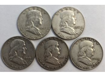 5 Franklin Half Dollars 1950 D, 1951, 1958 D, 1961, 1963 D