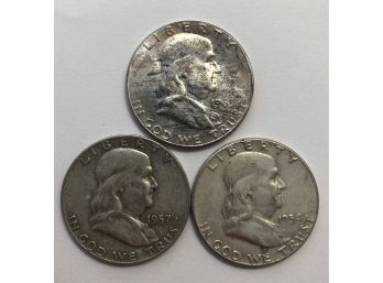 3 Franklin Half Dollars Dated 1954, 1957 D, 1963