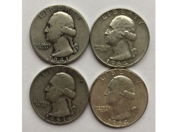 4 Washington Quarters Dated 1964, 1953 D, 1941, 1964 D