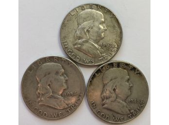 3 Franklin Half Dollars Dated 1948 D, 1954 S, 1963