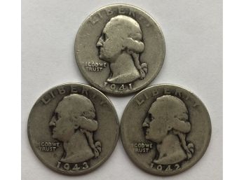 3 Washington Quarters Dated 1943, 1942, 1941