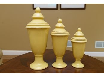 Yellow Tone Ceramic Lidded Urns From Turkey Ridge, Ridgefield, CT