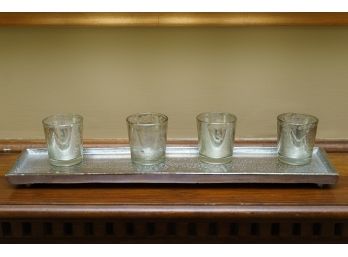 Metal Tray With Four Mercury Glass Votive Candle Holders