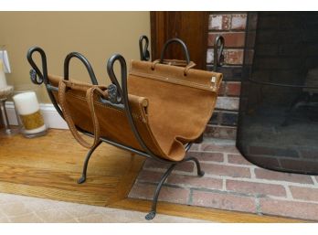 Iron And Suede Leather Log Carrier And Stand