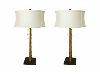 Vintage Pair Of Brass And Black Stone Table Lamps With Silk Shades