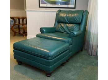 Ethan Allen Teal Tone Leather Club Chair With Matching Ottoman
