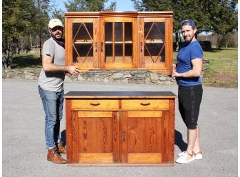 An Antique Pine Wall Mount China Cabinet And Server