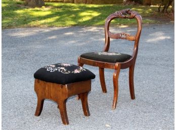 A 19th Century Carved Wood And Embroidered Upholstered Side Chair And Footstool