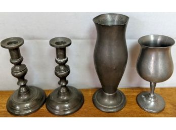 Pewter Set - Candle Sticks, Vase And Goblet