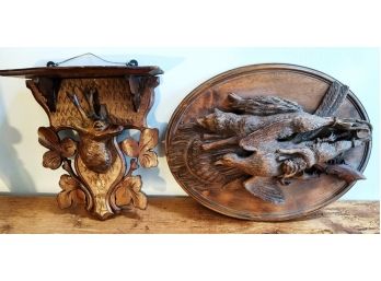 Carved Wooden Animal Plaque And Deer Sconce With Shelf