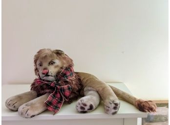 Vintage Lion Stuffed Animal With Charming Plaid Bow