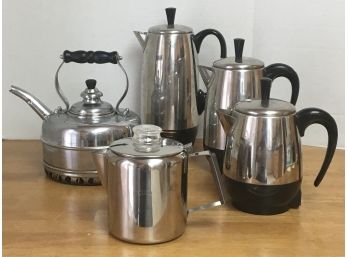 5 Coffee Or Tea Kettles- 3 Electric Faberware And 2 Stovetop - Simplex  Buckingham Copper Kettle