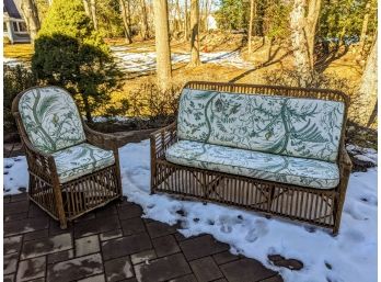 Antique American Wicker Stick Rattan Outdoor Sofa And Chair With Cushions