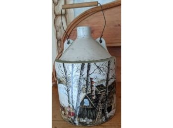 Hand-Painted Maple Sugar Stoneware Crock Or Jug  With Metal Handle