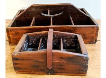 2 Antique Primitive Wooden Carriers Tote - Smaller One With Leather Handle