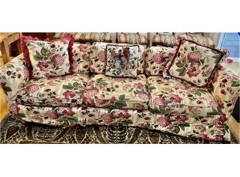 Colorful Victorian Style Chintz Floral Pattern Over Beige And White Stripes  Couch- Seats 3 Comfortably