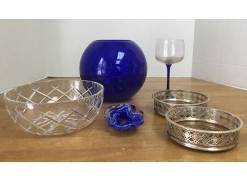 Crystal Bowl, Blue Fish Bowl, Glassware And Two Silver & Wood High Edged Coaster