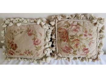 Needlepoint Rose And Pink Flowers Shabby Chic Pillows With Sumptuous Tassels