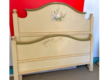 Antique Queen Size Hand-painted Floral Headboard And Footboard With Siderails