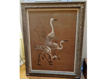 Large Crane Stalking Print In Fabulous Carved Frame That Looks Almost Like Stone.