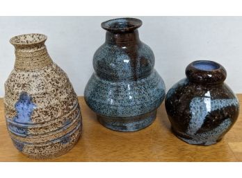 3 Hand-Thrown And Painted Ceramic Vases With Interesting Blue Glazes