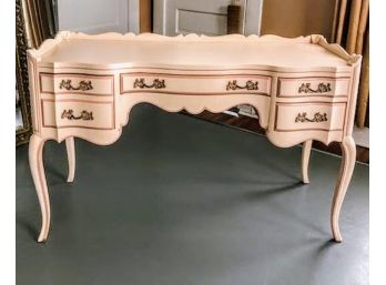 Very Elegant Antique White Dresser With Pink Trim Original Handles And Glass Top To Protect The Wood.