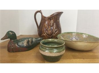 Ceramic Selection - Brown Pitcher, Oblong Bowl, Green Pot And Wooden Duck