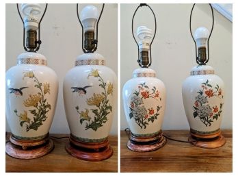 One Pair Of Satsuma Style White China Table Lamps With Two Different Designs On Front And Back