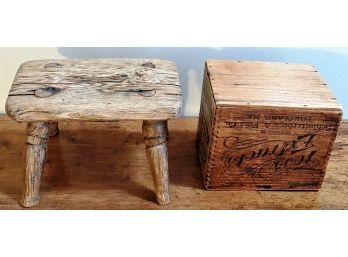 Checkerberry Wooden Box From Schlotterbeok & Foss Co. And Antique 19th Century Step Stool